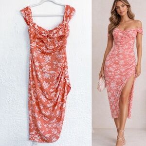 Abercrombie & Fitch Pink Floral Off The Shoulder Ruched Midi Dress Sz SP